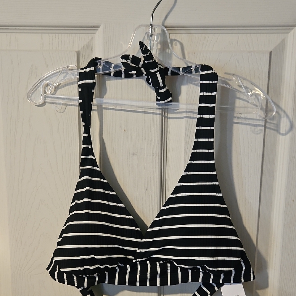 LANDS' END BLACK/WHITE STRIPED TIE BIKINI TOP: NEW WITH TAGS: SIZE 16
